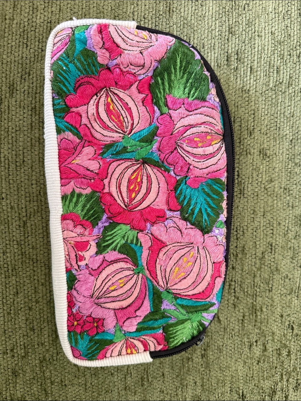Mexican Embroidered Floral Zipper Pouch - Pink & Green - Handmade